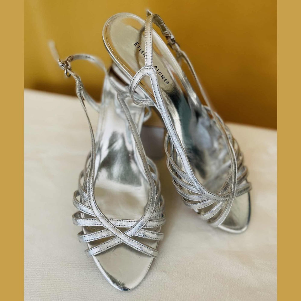 Etienne Aigner Silver Strappy Wedge Sandals Metallic Dress Heels 9